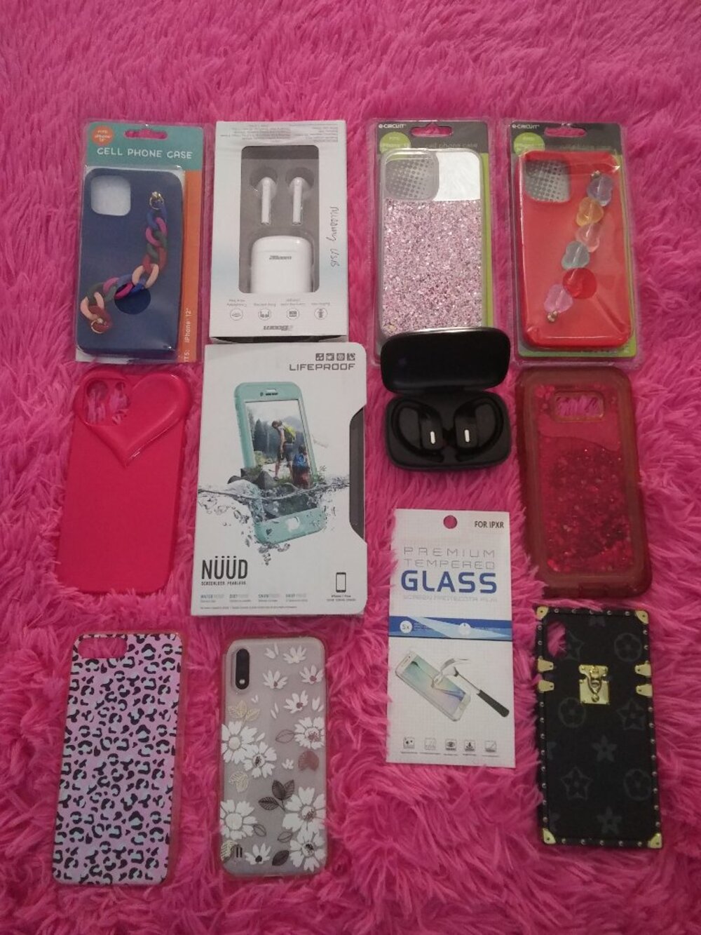 4 IPhone Cases , 2 Ear buds, 1 Screen Protector, 5 Android Cases Bundle
